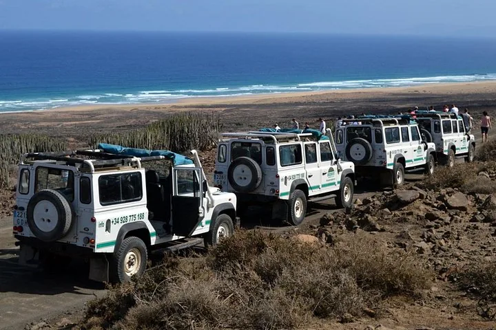 Convoy of Land Rovers on a coastal dirt track with ocean background
